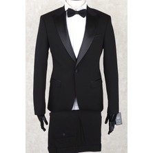 Jan Carlucci Slim Fit Saten Sivri Yaka-Çift Yırtmaç  Siyah Drop 6 Damatlık Smokin - Full Set Yelek, Gömlek, Papyon