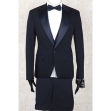 Jan Carlucci Slim Fit Saten Sivri Yaka-Çift Yırtmaç  Lacivert Drop 6 Damatlık Smokin - Full Set Yelek, Gömlek, Papyon