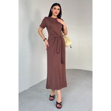 ELB-01771 Taba Belden Bağlamalı Kısa Kol Uzun Elbise