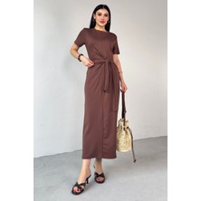 ELB-01771 Taba Belden Bağlamalı Kısa Kol Uzun Elbise