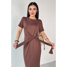 ELB-01771 Taba Belden Bağlamalı Kısa Kol Uzun Elbise