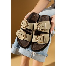 Pembe Potin Geniş Çift Gold Tokalı Rahat Kalıp Kadın Terlik 024-1001-25SÜET