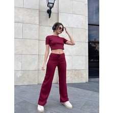 Deniz Home Wear Bisiklet Yaka Kısa Kollu Crop Bluz & Bol Paça Yüksek Bel 2'li Alt Üst Takım