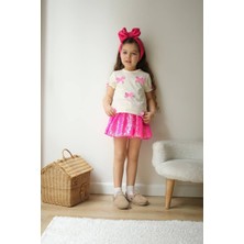 Kız Çocuk Şeker Pembe Parlak Payet Kumaş Balon Etek Fiyonk Nakışlı T-Shirt  Altüst Takım