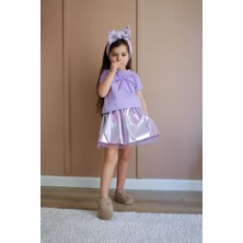 Kız Çocuk Lila Renk Partlak Kumaş Tütü Balon Etek Fiyonk Nakışlı T-Shirt Pamuklu Altüst Takım