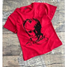 Deniz Home Wear Bisiklet Yaka Pamuklu Kısa Kollu Atatürk Baskılı Erkek ve Kız Çocuk T-Shırt