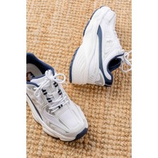 Bayan Spor Ayakkabı F-329 Beyaz Günlük Bağcıklı Lacivert Desenli Yazlık Spor Ayakkabı