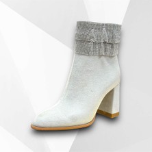 Krıste Bell 5024 Süet Gri Kadın Topuklu Bot Taş Detaylı Kışlık Ayakkabı