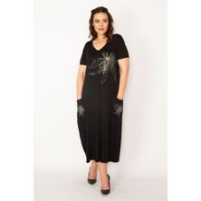 Şans Kadın Siyah Taş Detaylı V Yaka Viskon Elbise 65N33183