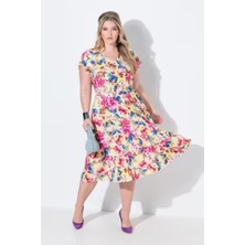 Kadın Büyük Beden Sarı, Jarse Çiçek Desenli, V Yaka, Bel Lastikli Kuşak Bağlamı Elbise 65N38941