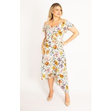 Kadın Renkli Yaka Lastikli Askı ve Volan Detaylı Elbise 65N34441