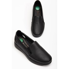 Hakiki Deri Büyük Numara Ortopedik Kadın Günlük Ayakkabı Siyah Lazer Baskılı Yan Pencereli