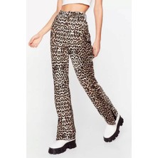 Kadın Büyük Beden Leopar Desen, Yüksek Bel, 5 Cep Paça Yırtmaç Detaylı Jean Pantolon 65N38800