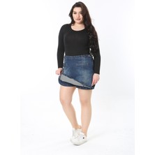 Kadın Büyük Beden Lacivert Süs Flota Cepli Yan Fermuarlı Kot Şort Etek 65N38886