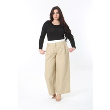 Kadın Büyük Beden Camel Iki Kat Kemer ve Lastikli Geniş Paça Yüksek Bel Kot Pantolon 65N38890