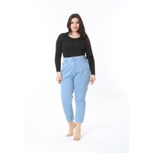 Kadın Büyük Beden Mavi Yüksek Bel 5 Cepli Bilek Boy Mom Kot Pantolon 65N38904