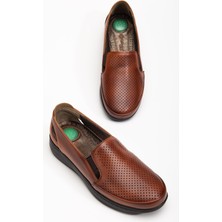 Hakiki Deri Büyük Numara Ortopedik Kadın Günlük Ayakkabı Taba Lazer Baskılı Yan Pencereli