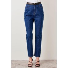 Kadın Mavi , Deri Detaylı , Yüksek Bel Kot Pantolon