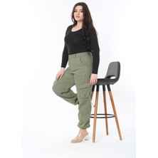 Kadın Büyük Beden Haki Gabardin Kumaş Yüksek Bel Kargo Cepli Paça Lastikli Pantolon 65N38901