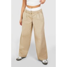 Kadın Büyük Beden Bej, Boxer Bel, Geniş Paça, Cepli Kot Pantolon 65N38827