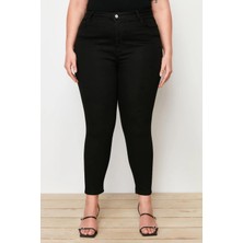 Kadın Büyük Beden Siyah, Yüksek Bel, Yıkamalı Denim Kumaş  5 Cep Esnek Skinny Kot Pantolon 65N38746