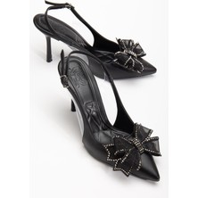 Kadın Abiye Topuklu Ayakkabı Siyah Yan Şeffaf Taşlı Fiyonklu