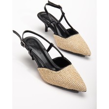 Kadın Kısa Topuklu Ayakkabı Siyah Hasır Malzeme Ince Topuk Yan Direkli