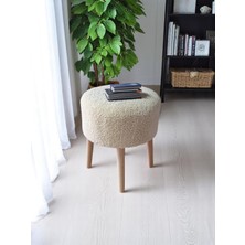Own Home Atlas Teddy Kumaşlı Ahşap Ayaklı Puf - Şık Yan Sehpa ve Ayak Dinlendirme 35 cm Derinlik