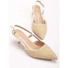 Kadın Kısa Topuklu Ayakkabı Bej Hasır Malzeme Ince Topuk Yan Direkli