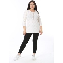 Kadın Büyük Beden Kemik Ön Patı Metal Düğmeli Kapri Kollu Lak Baskılı Bluz 65N38758