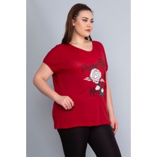 Şans Kadın Bordo Baskı Detaylı Düşük Kol Bluz 65N22675