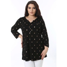 Kadın Büyük Beden Siyah Kol Boy Ayarlı Ön Patı Metal Düğmeli Likralı Bluz 65N38764