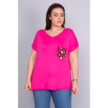 Şans Kadın Fuşya Cebi Yazma Desen Tül Detaylı Düşük Kol Viskon Bluz 65N22702