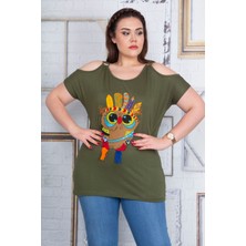 Kadın Haki Ön Nakış Detaylı Omuz Dekolteli Bluz 65N22720