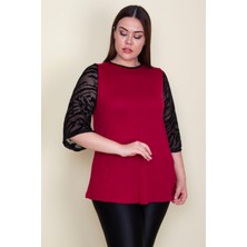 Şans Kadın Bordo Kolları Flok Tül Detaylı Viskon Bluz 65N25580