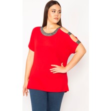 Şans Kadın Kırmızı Tek Omuzu Ve Yakası Sim Detaylı Bluz 65N29510