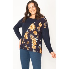 Şans Kadın Lacivert Çieçk Desenli Bisiklet Yaka Tunik 65N30415