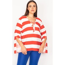 Şans Kadın Kırmızı Yakası Kuşgözlü Bağcık Detaylı Kol Yırtmaçlı Çizgili Bluz 65N30165
