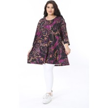 Şans Kadın Büyük Beden Renkli Bisiklet Yakalı Rahat Kesim Kapri Kollu Tunik Elbise 65N38771