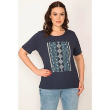 Şans KADIN LACİVERT LAME BASKILI BİSİKLET YAKALI KISA KOLLU BLUZ