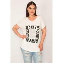 Şans KADIN KEMİK V YAKALI ÖNÜ BASKI VE TAŞ DETAYLI KISA KOLLU BLUZ