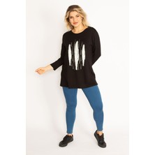 Şans Kadın Siyah Taş Ve Baskı Detaylı Bluz 65N34713