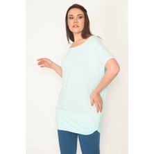 Şans Kadın Camgöbeği Yeşil Bisiklet Yaka Etek Ucu Bantlı Düşük Kollu Tunik 65N32563