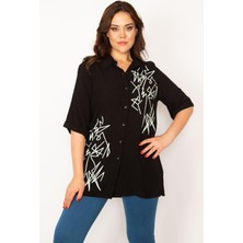 Kadın Mor Ön Düğmeli Baskı Detaylı Dokuma Viskon Kumaş Gömlek 65N33535