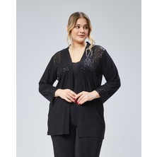 Kadın Büyük Beden Siyah, Ön ve Kol Ağzı Pul Payet Işli Hırka 65N38792