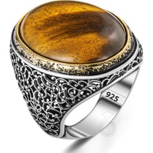 Gümüş Oval Kaplan Gözü Taşlı Telkari Tasarım Erkek Yüzük