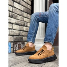 BA0332 Merdiven Desen Bağcıklı Erkek Yüksek Taban Taba Süet Siyah Taban Spor Ayakkabı