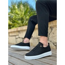 BA0152 Bağcıklı Yüksek Taban Siyah Keten Erkek Ayakkabı