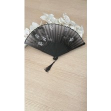Hediye Yelpaze Kesesi Bambu Gri - Siyah Çiçek Desenli Japon Yelpaze