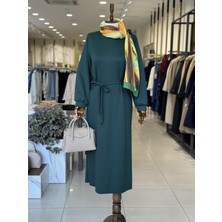 Kuşak Detaylı Piliseli Zümrüt Elbise 6178